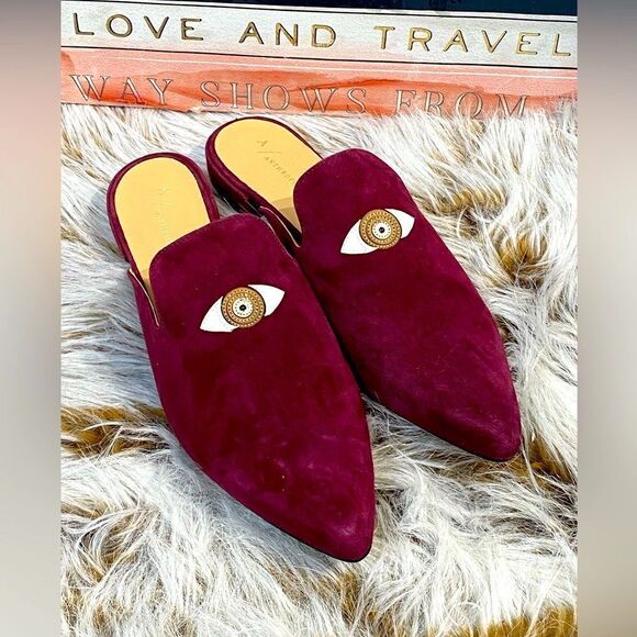 Anthropologie Embroidered Eye Burgundy Mules Sz 37 - Picture 1 of 6